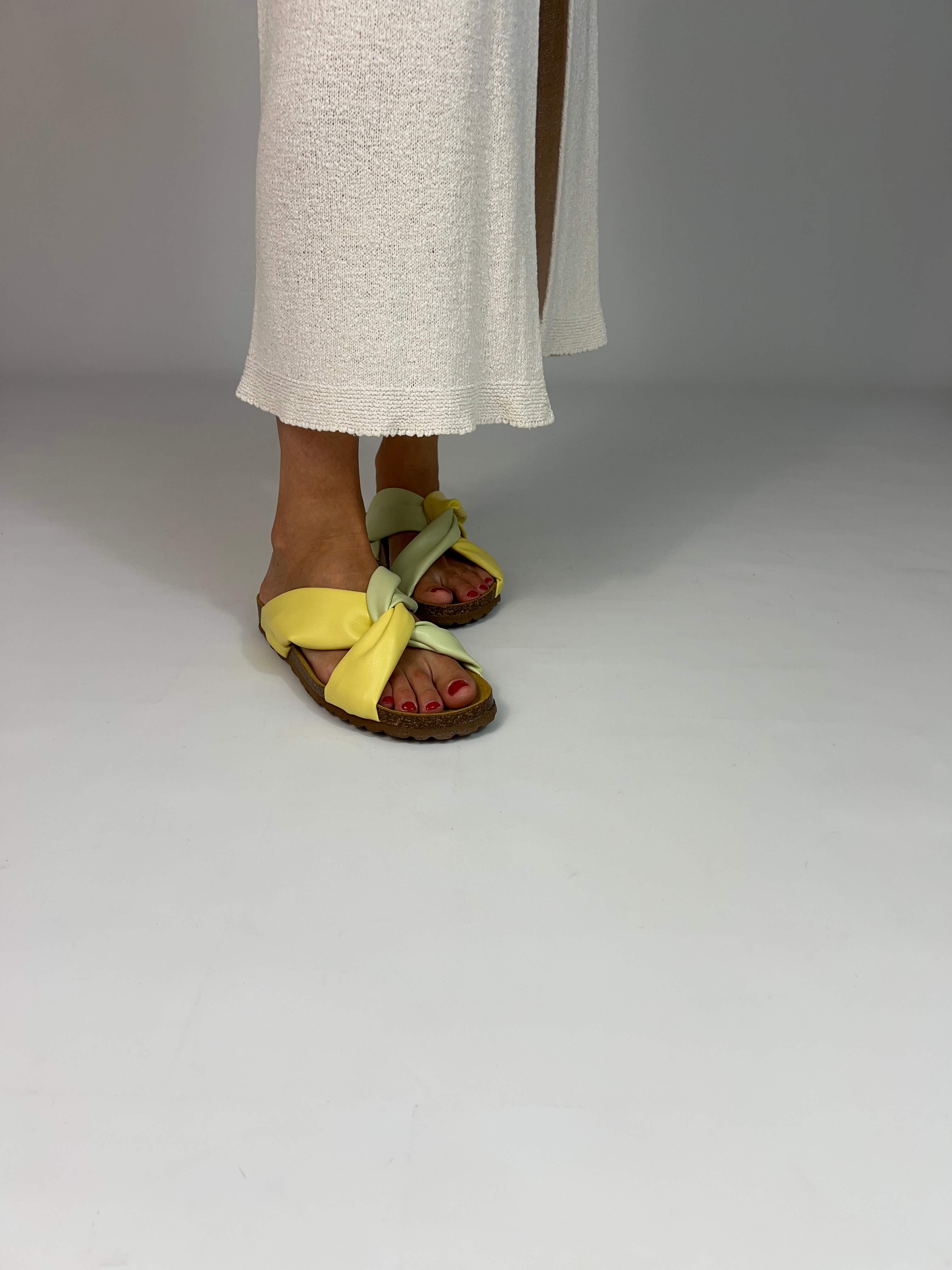 Momoc Calpe yellow pistachio knotted sandals worn white midi skirt summer outfit lifestyle Spain | Momoc Shoes Spain