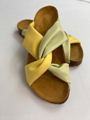 Momoc Calpe butter yellow pistachio sandals side angle view cork latex platform vegan handmade Spain | Momoc Shoes