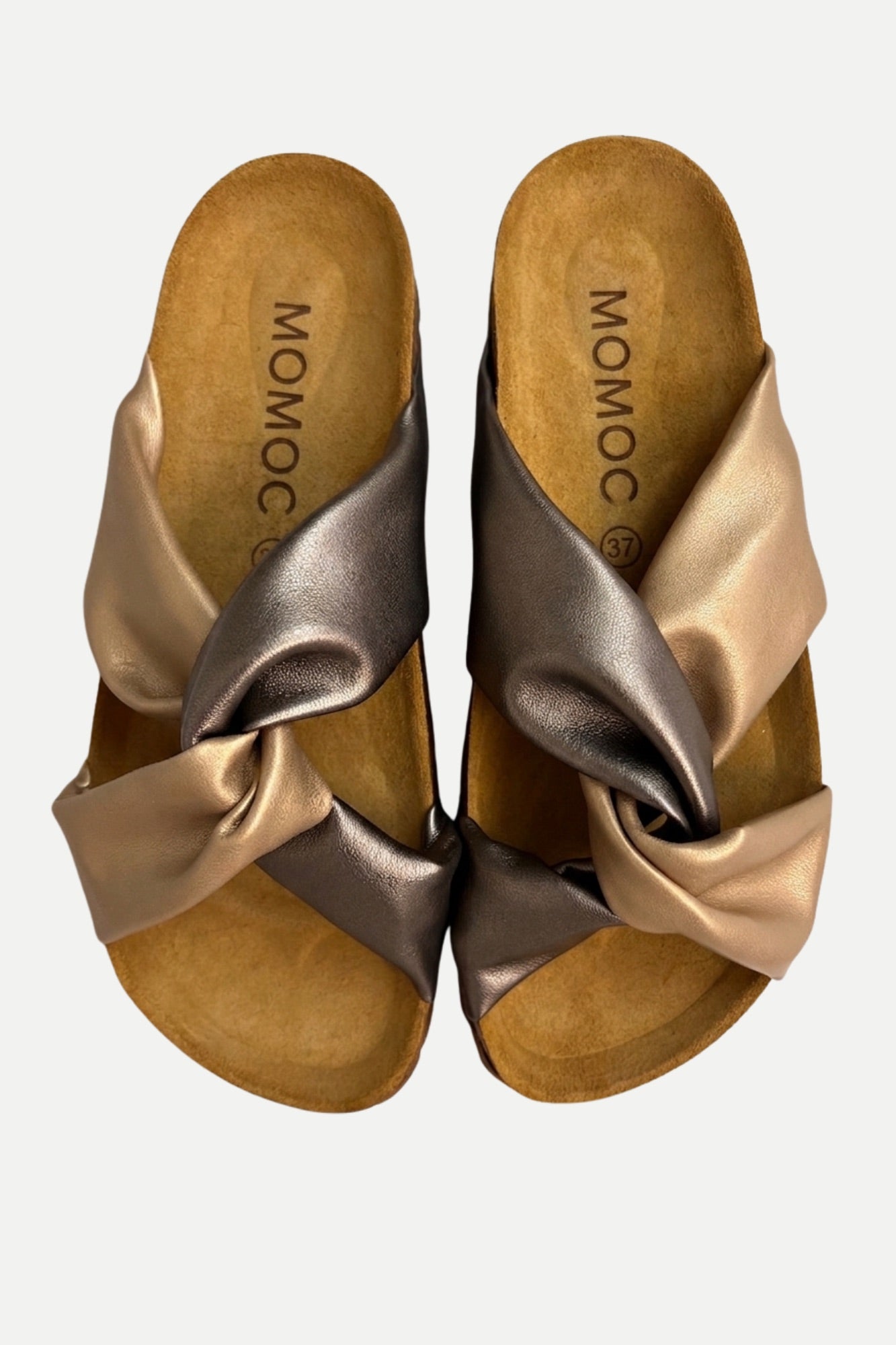 Momoc Calpe bronze champagne gold metallic cross strap sandals pair top view cork platform handmade Spain | Momoc Shoes