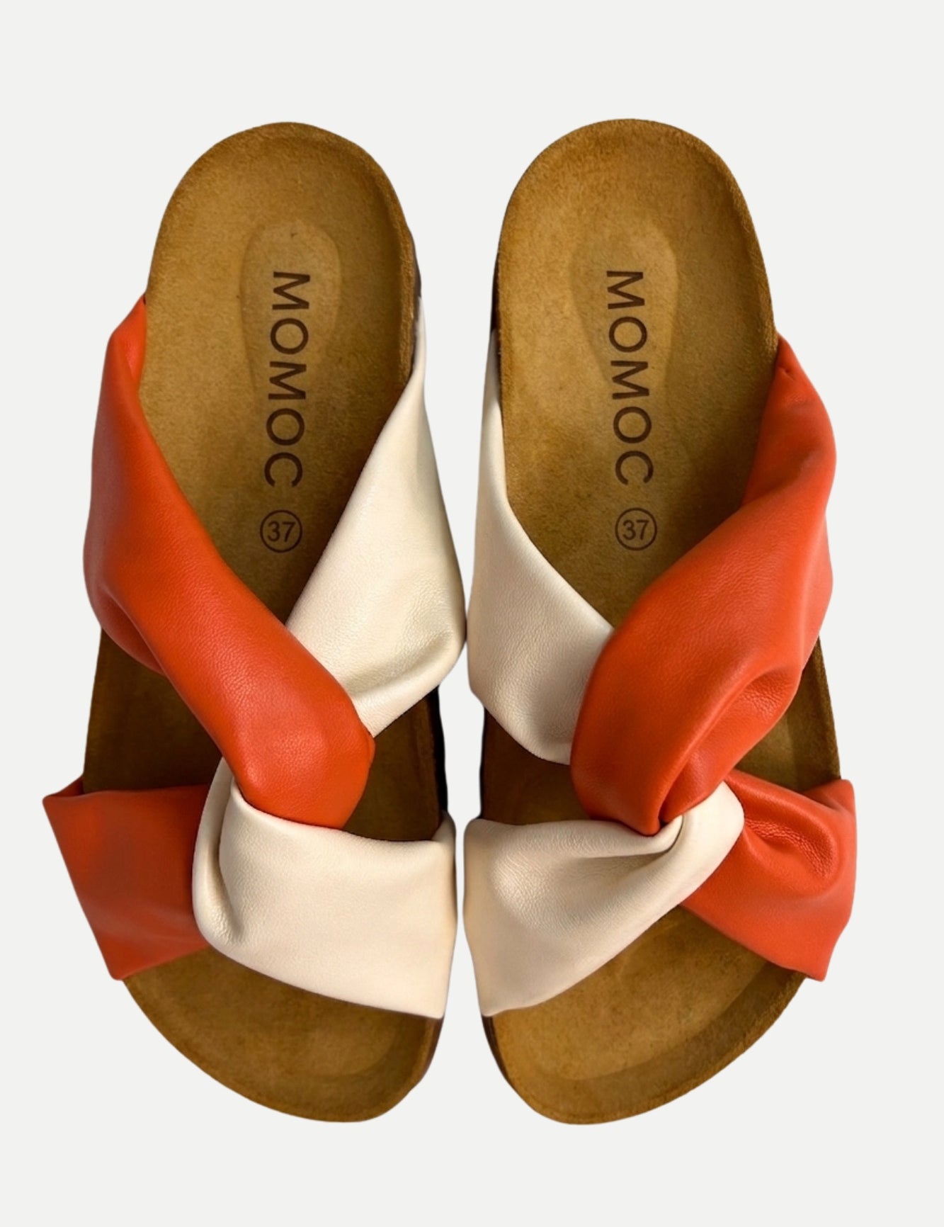 Momoc Calpe orange terracotta cream cross strap sandals pair top view cork platform handmade Spain | Momoc Shoes