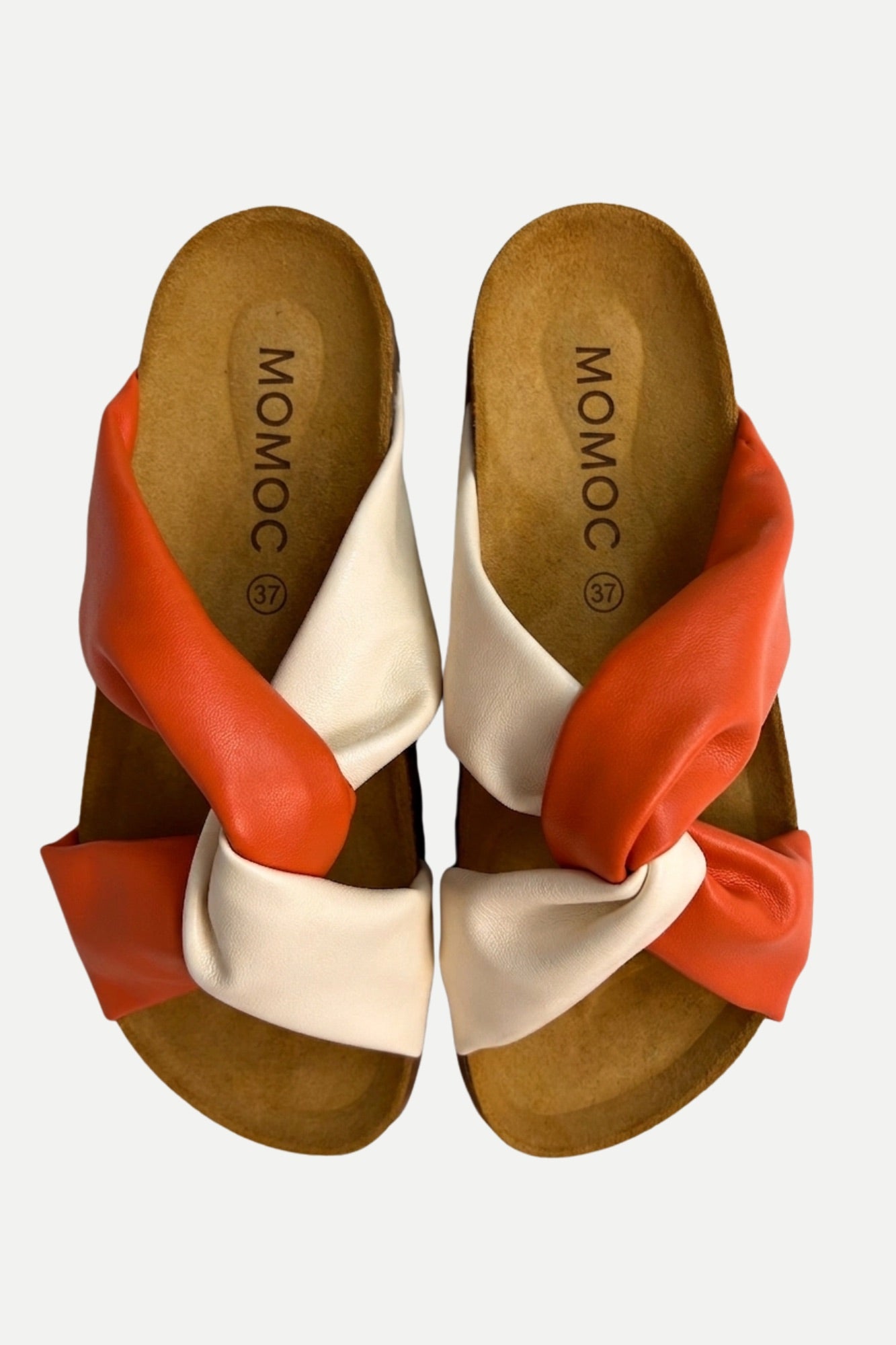 Momoc Calpe orange terracotta cream cross strap sandals pair top view cork platform handmade Spain | Momoc Shoes