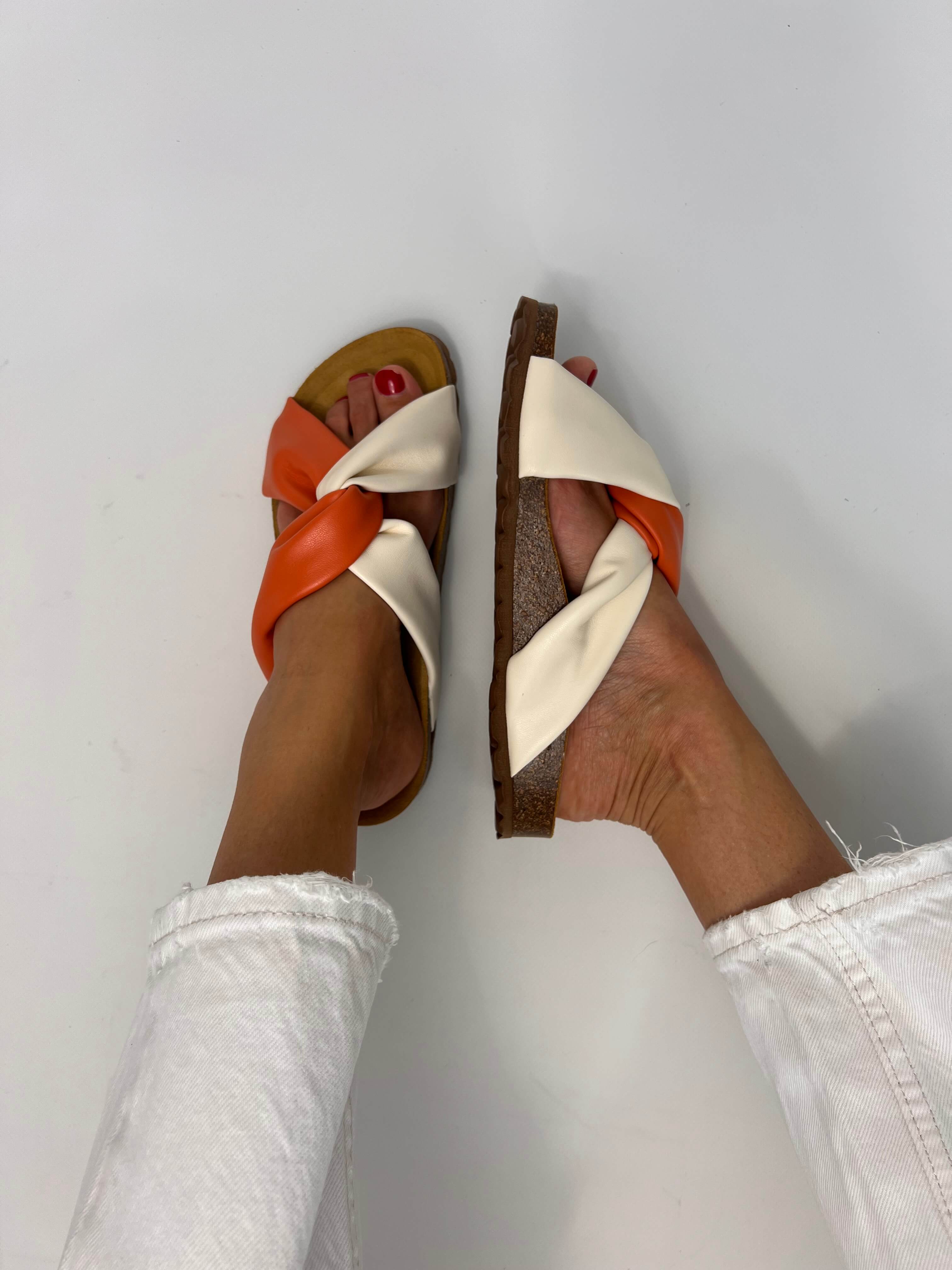 Momoc Calpe orange cream sandals worn side profile white trousers anatomic platform detail | Momoc Shoes Spain