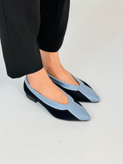 Momoc Coral Reef Blue black cotton velvet ballet flats worn crossed leg black trousers elegant Spain | Momoc Shoes