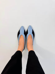 Momoc Coral Reef Blue cotton velvet ballet flats worn top view black trousers sky blue contour vegan Spain | Momoc Shoes Spain