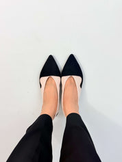 Momoc Sea Breeze cotton velvet ballet flats worn top view black trousers wave scalloped seaweed detail vegan Spain | Momoc Shoes