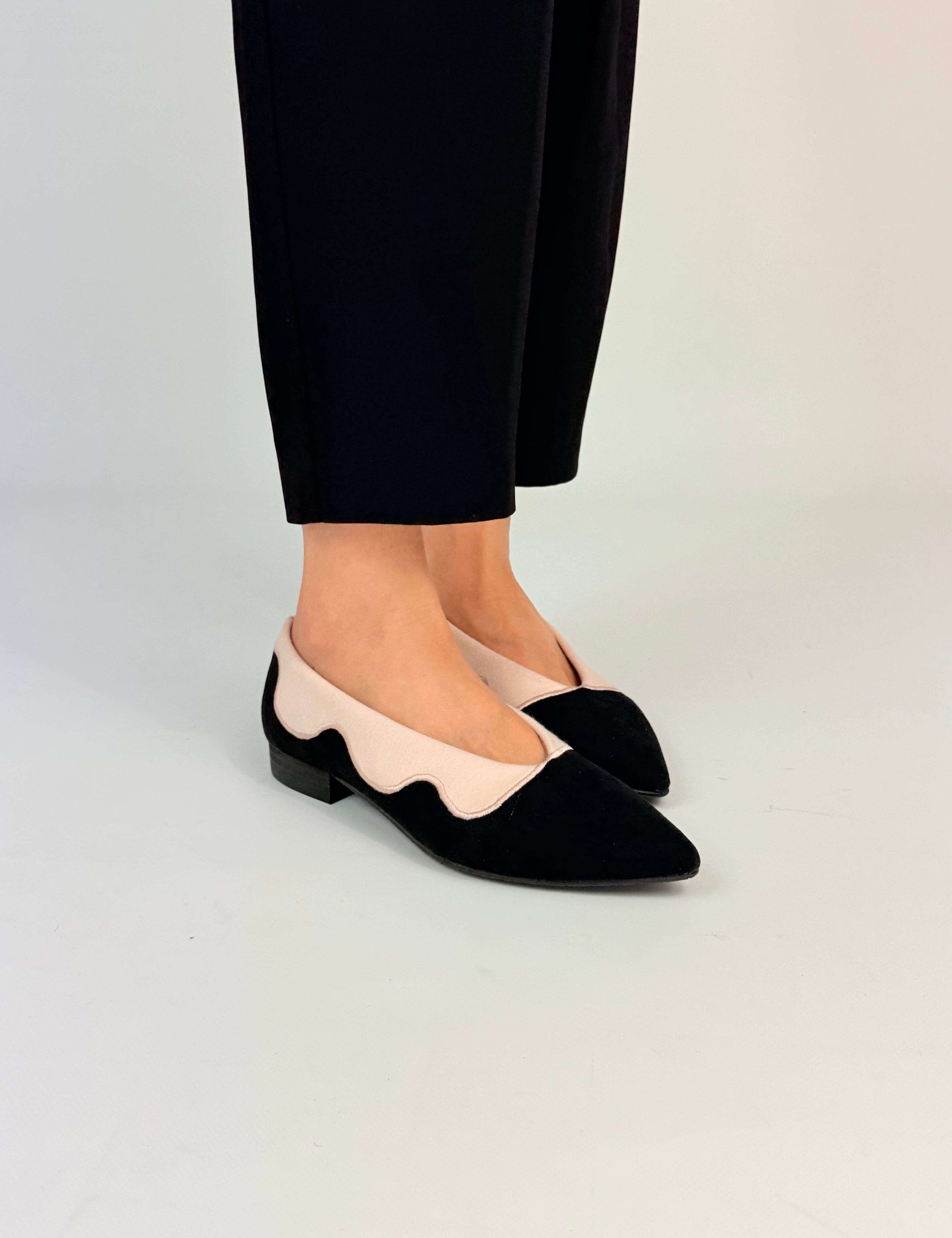 Momoc Sea Breeze ballet flats worn one foot black trousers Leticia Credidio collaboration Spain | Momoc Shoes Spain