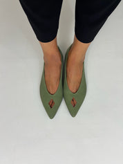 Momoc Elsa green ballet flats worn front view black trousers pointed toe rhombus detail | Momoc Shoes