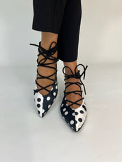 Momoc Carmen polka dot ballet flats worn crossed leg black trousers pointed toe elegant Spain | Momoc Shoes
