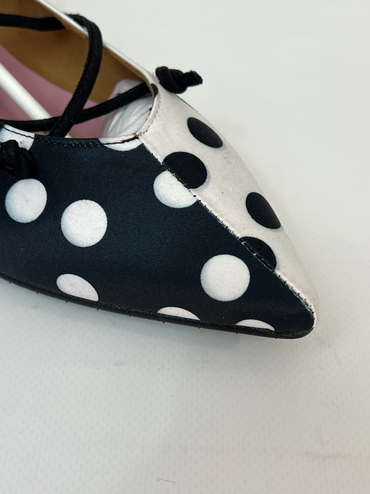 Momoc Carmen polka dot ballet flat side view close up lace-up cords black white satin | Momoc Shoes