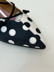 Momoc Carmen polka dot ballet flat side view close up lace-up cords black white satin | Momoc Shoes