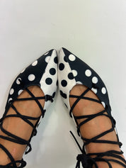 Momoc Carmen polka dot ballet flats crossed pair styled lace-up cords detail sustainable Spain | Momoc Shoes Spain