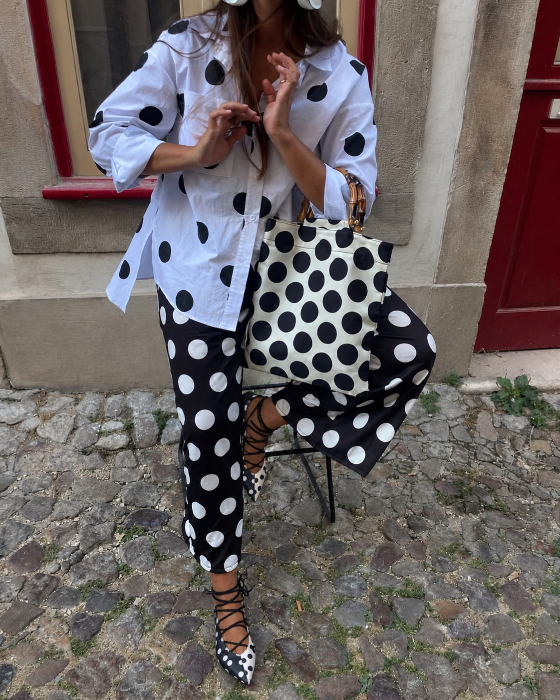 Momoc Carmen polka dot ballet flats worn model polka dot dress full body lifestyle vintage Spain | Momoc Shoes