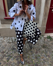 Momoc Carmen polka dot ballet flats worn model polka dot dress full body lifestyle vintage Spain | Momoc Shoes