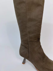 Momoc Avila taupe tall boots side profile view recycled ultrasuede straight shaft Portugal | Momoc Shoes