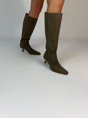 Momoc Avila taupe boots side view standing pair motion straight shaft recycled ultrasuede | Momoc Shoes