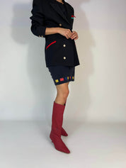 Momoc Rioja burgundy knee high boots worn model black military blazer autumn winter outfit lifestyle | Momoc Shoes