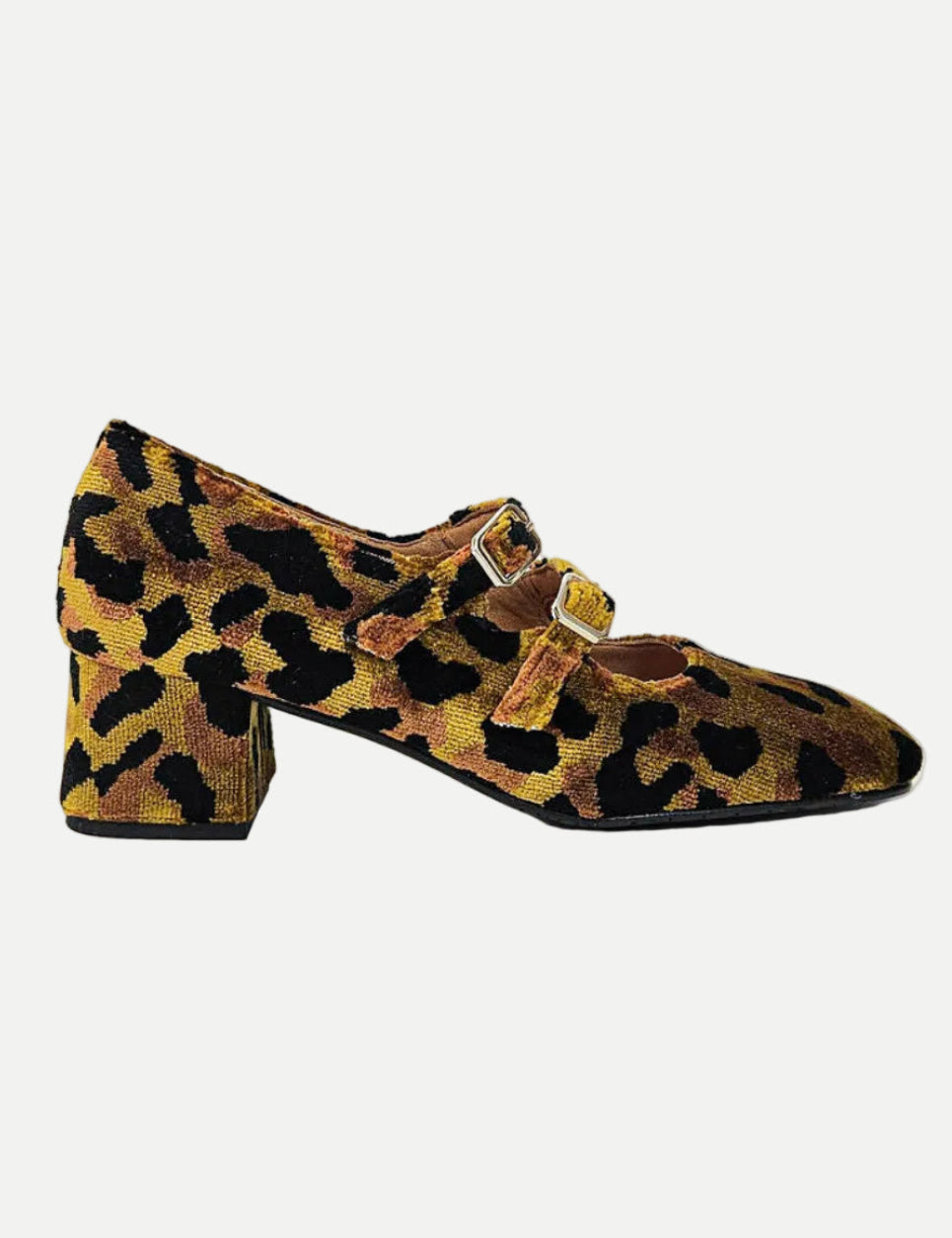 Momoc Bardot leopard midi heel side view velvet Mary Jane silver buckles handmade Spain | Momoc Shoes