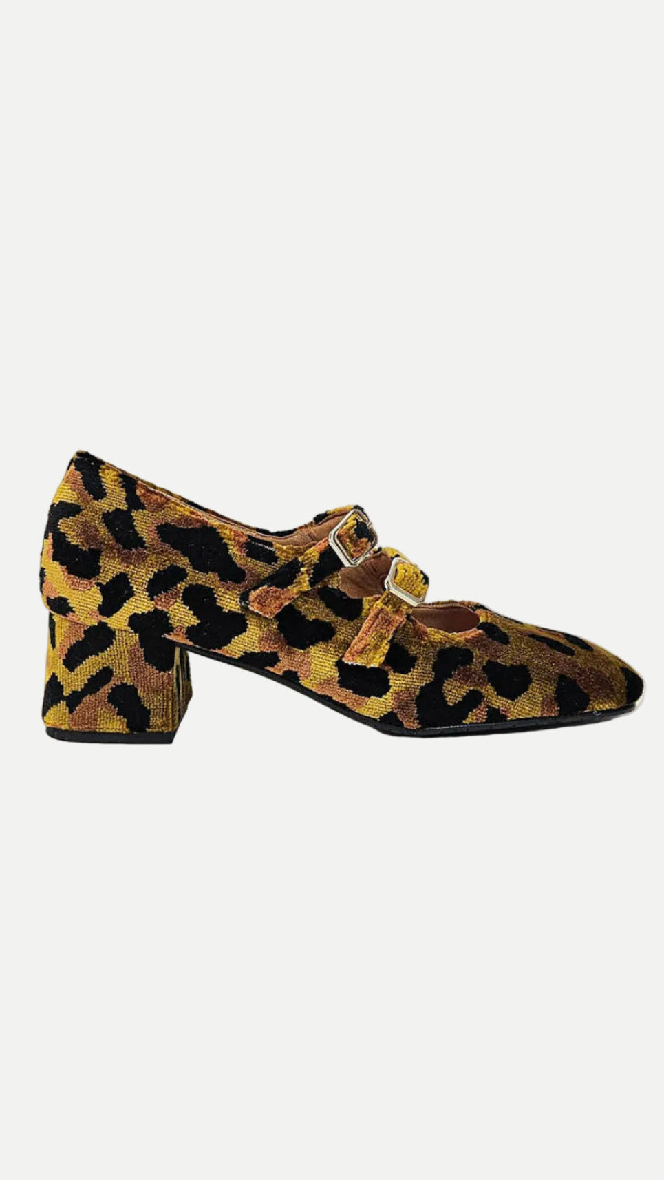 Momoc Bardot leopard midi heel side view velvet Mary Jane silver buckles handmade Spain | Momoc Shoes
