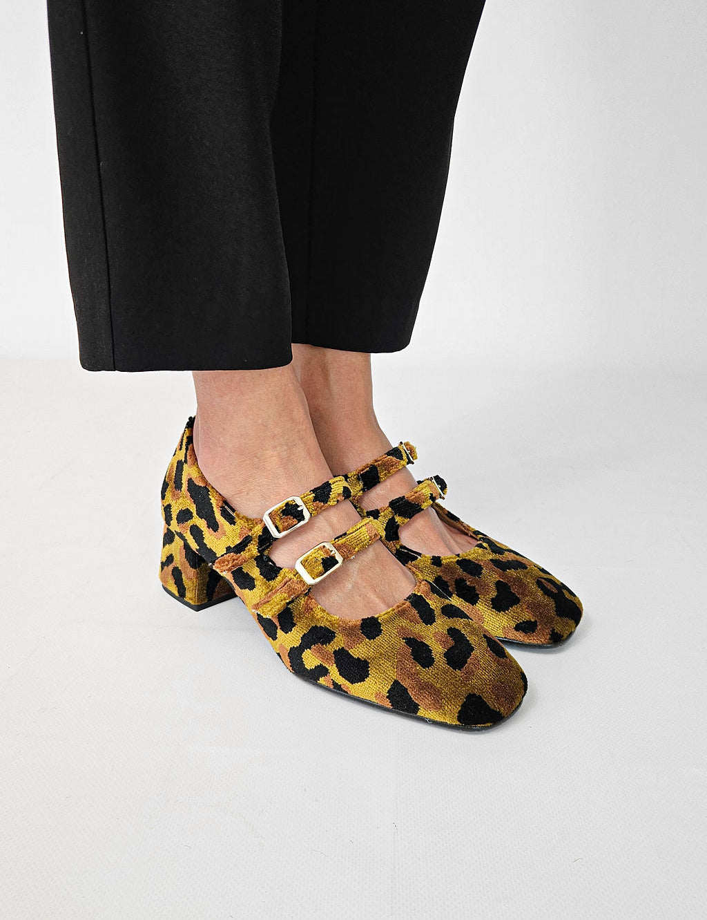 Momoc Bardot leopard velvet midi heels worn black trousers Mary Jane style Spain | Momoc Shoes Spain