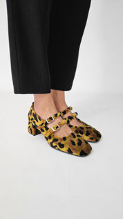 Momoc Bardot leopard velvet midi heels worn black trousers Mary Jane style Spain | Momoc Shoes Spain
