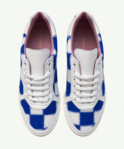 Momoc Patchwork blue cobalt white sneakers top view mesh checkerboard handmade Spain vegan | Momoc Shoes