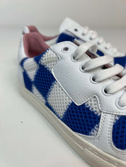 Momoc Patchwork sneakers side view close up mesh detail cobalt blue white stitching artisan | Momoc Shoes