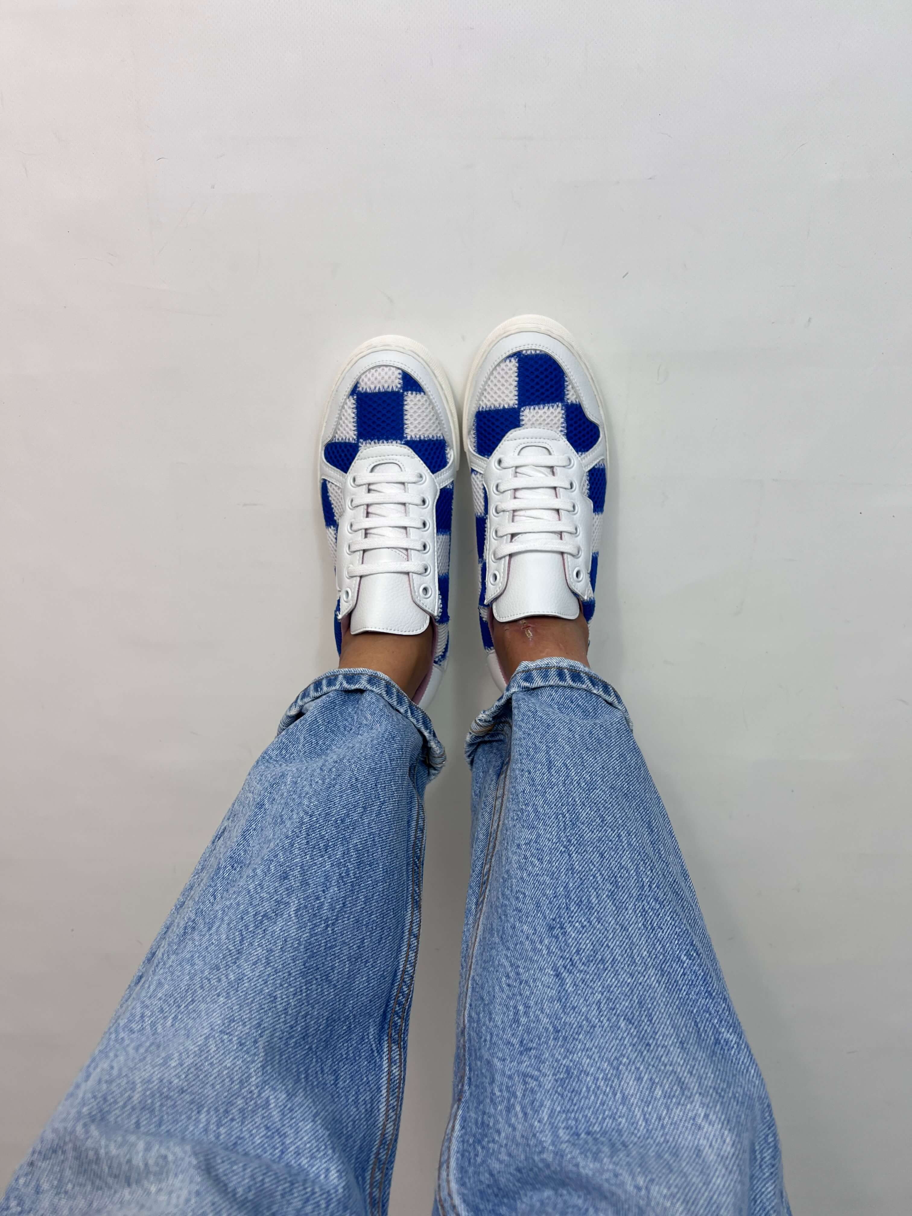 Momoc Patchwork sneakers worn top view first person light denim jeans checkerboard pattern Spain | Momoc Shoes Spain