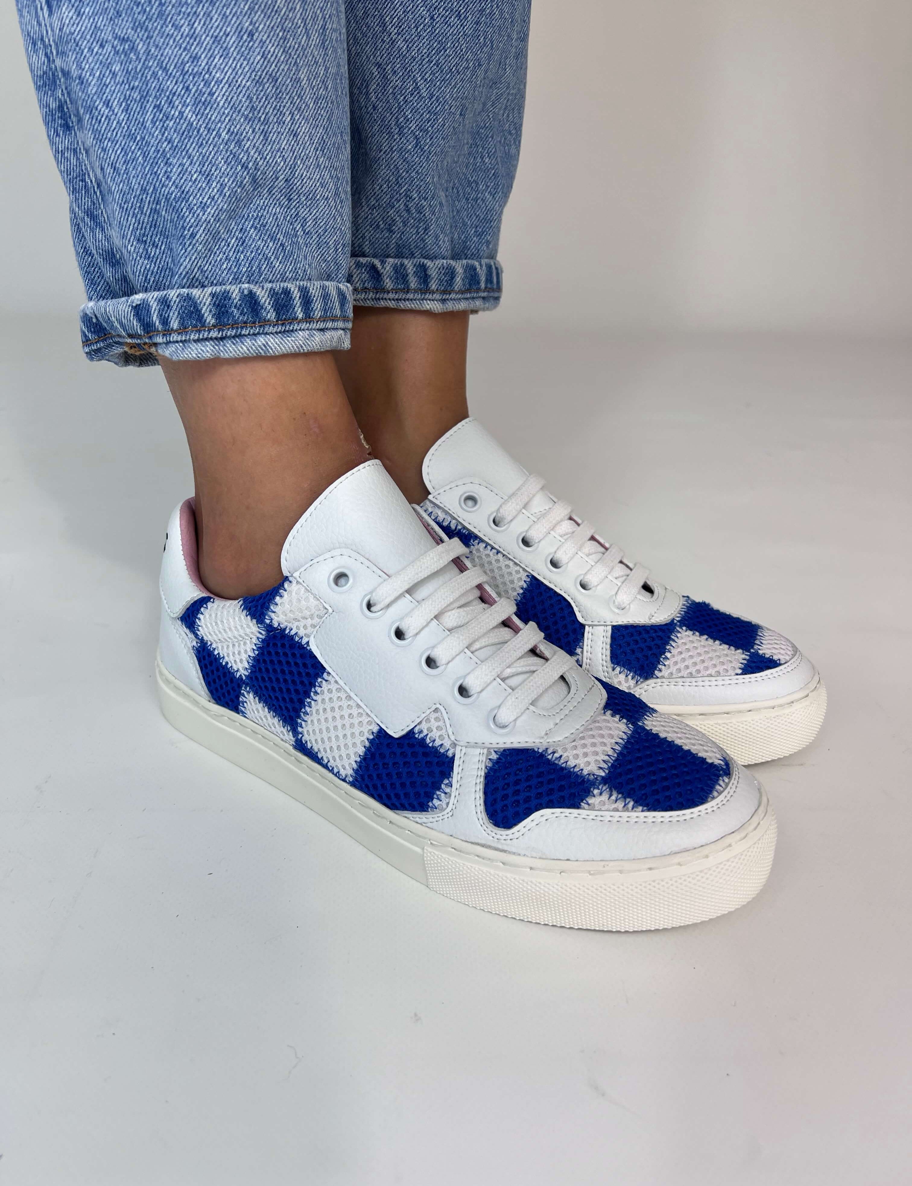 Momoc Patchwork sneakers worn front view light denim jeans cobalt blue mesh sustainable Spain | Momoc Shoes Spain
