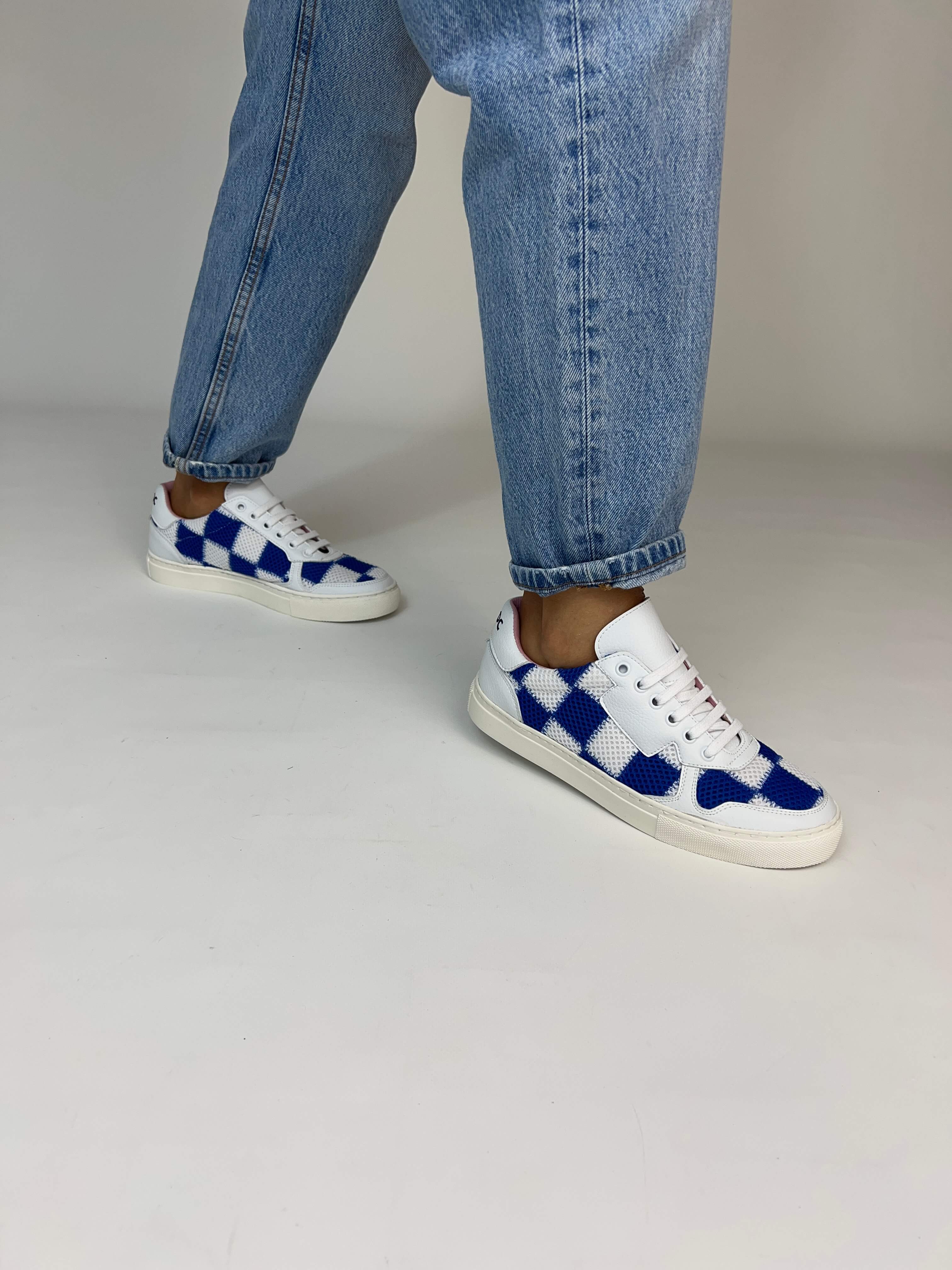 Momoc Patchwork blue cobalt white sneakers worn front view light denim jeans both feet | Momoc Shoes