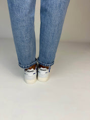 Momoc Patchwork sneakers worn back view light denim jeans heel detail lifestyle Spain | Momoc Shoes Spain
