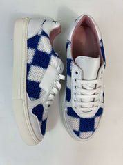 Momoc Patchwork blue cobalt sneakers side profile view microfibre white TPU sole handmade Spain | Momoc Shoes