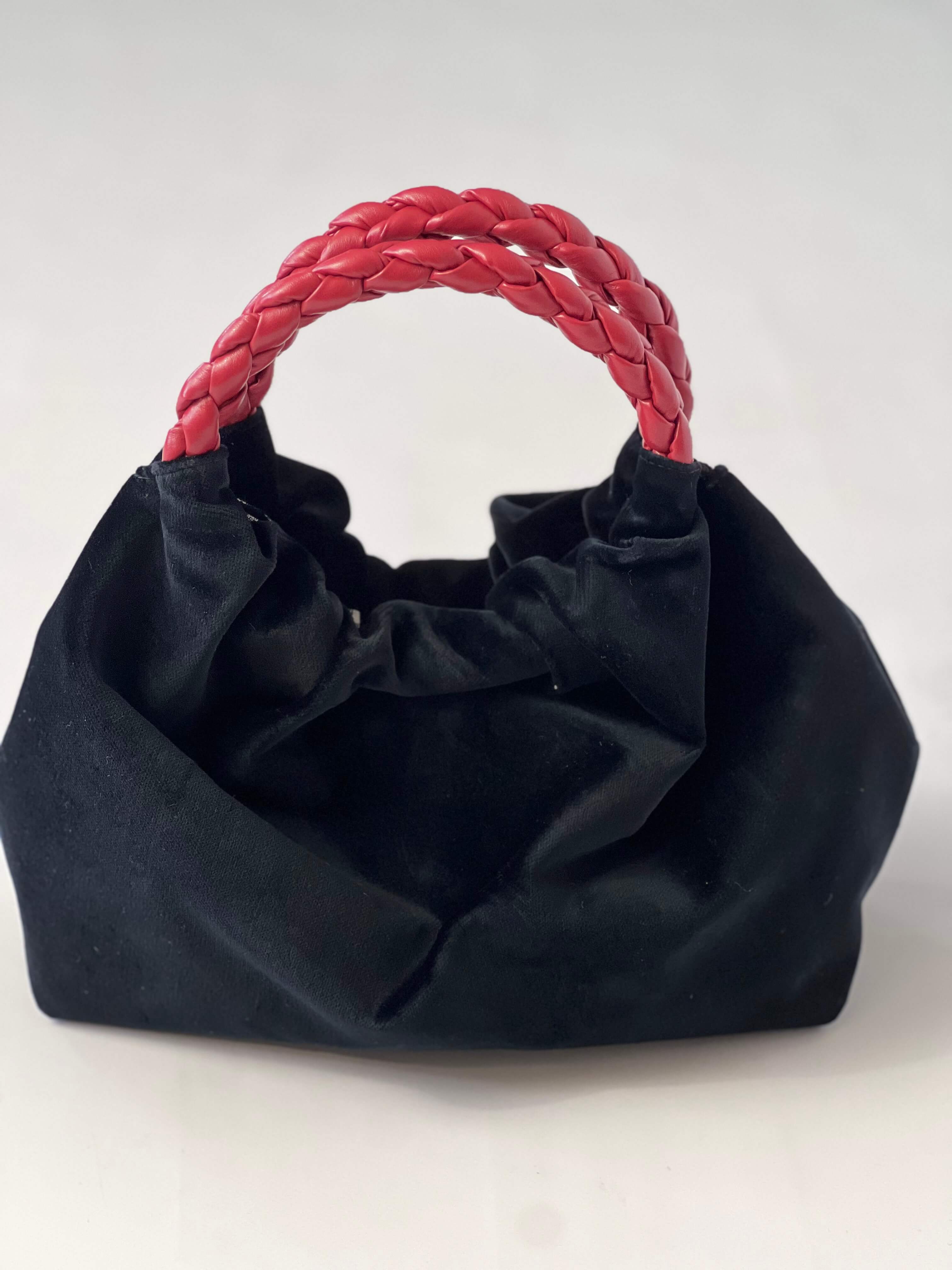 Momoc Bolso de mano Terciopelo negro Asa burdeos