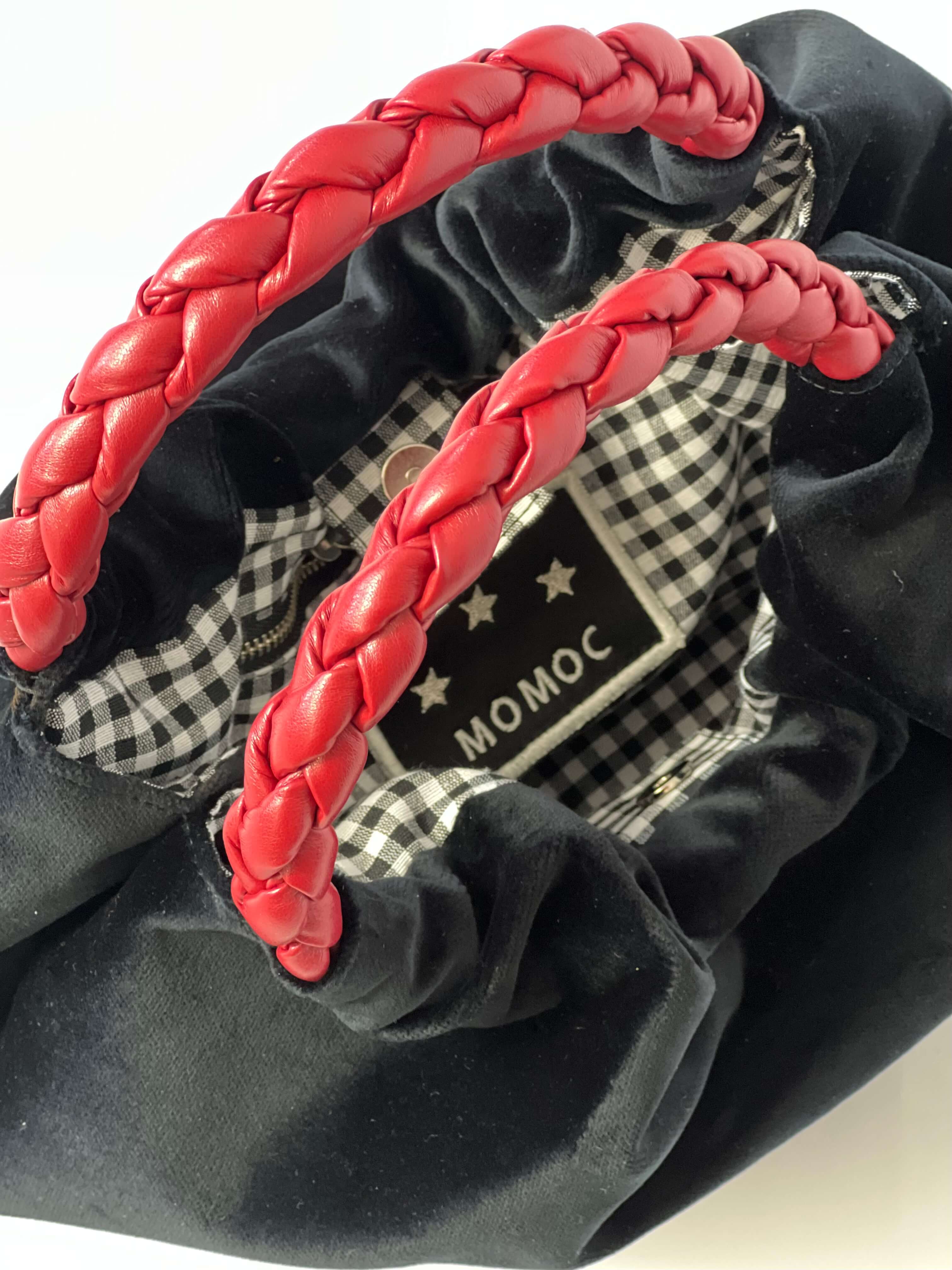 Momoc Bolso de mano Terciopelo negro Asa burdeos