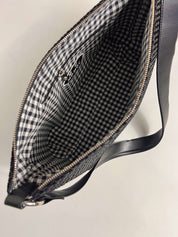 Momoc Agnes woven black bag inside detail embroidered Momoc logo zip pocket organic cotton gingham | Momoc Shoes