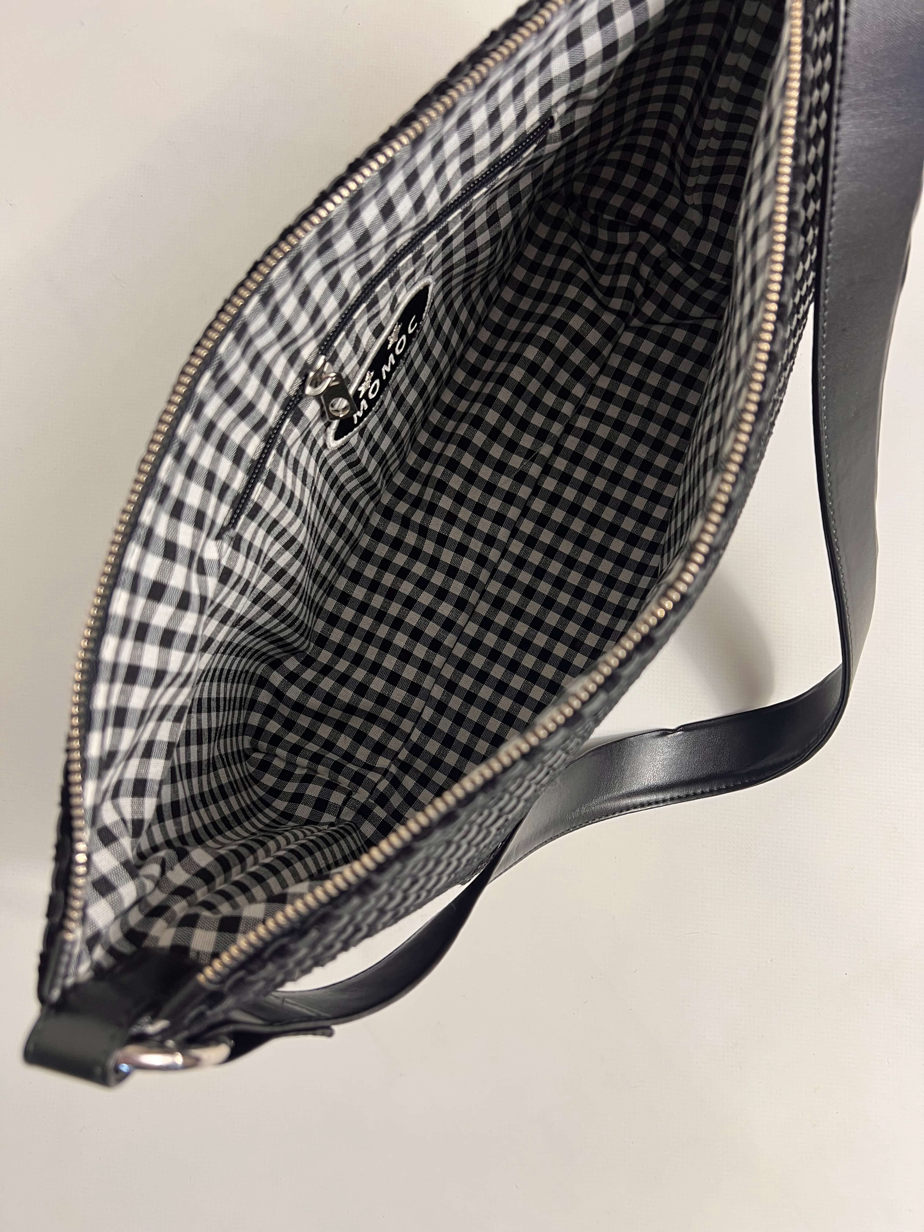 Momoc Agnes woven black bag inside detail embroidered Momoc logo zip pocket organic cotton gingham | Momoc Shoes