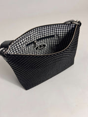 Momoc Agnes woven black bag open top view gingham organic cotton lining pocket detail | Momoc Shoes