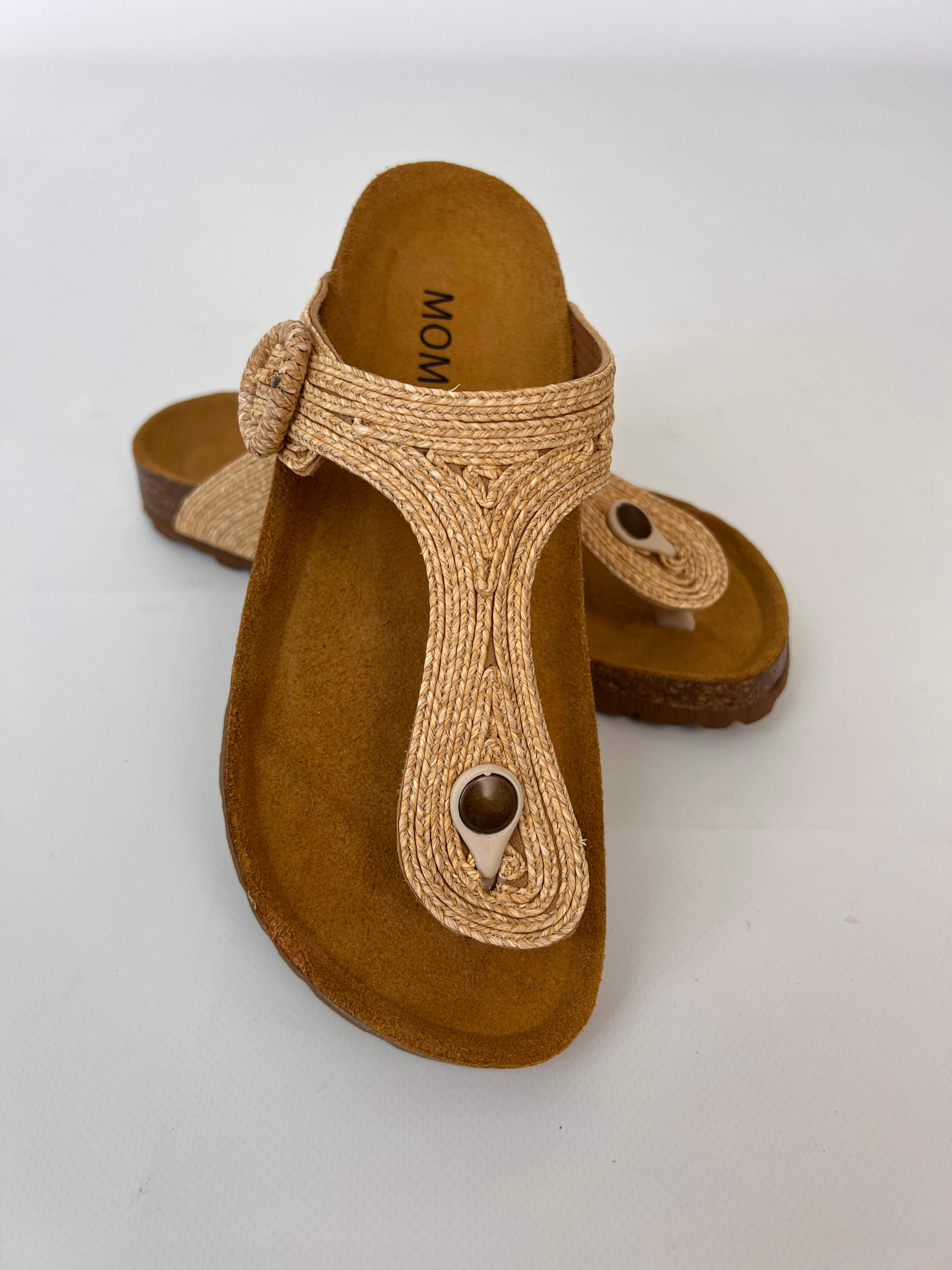 Momoc Altea natural woven raffia sandal pair top view cork latex platform detail | Momoc Shoes