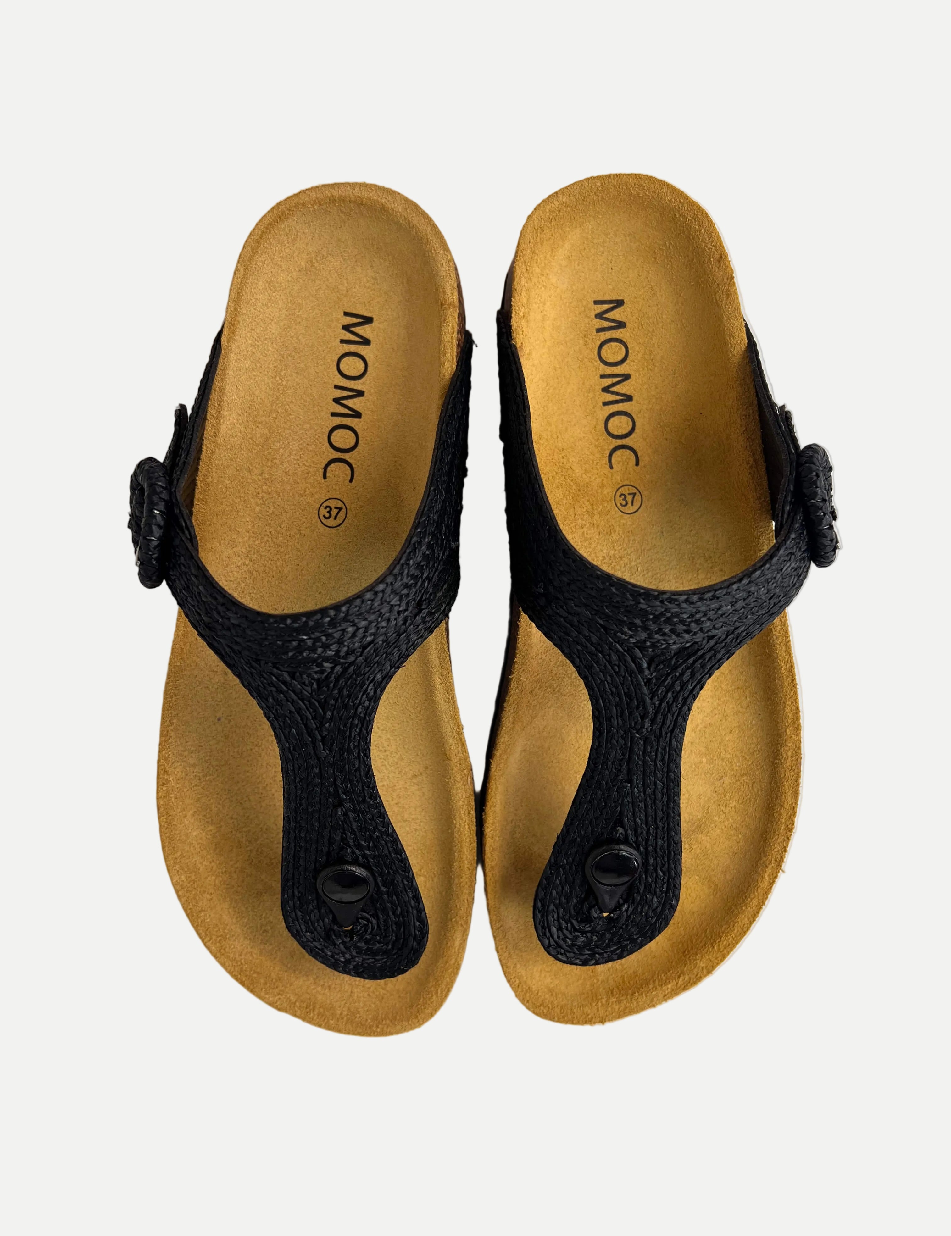 Momoc Altea black raffia thong sandal pair top view cork platform natural woven Spain | Momoc Shoes