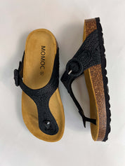 Momoc Altea black natural raffia sandal pair side view anatomic cork platform Spain | Momoc Shoes Spain