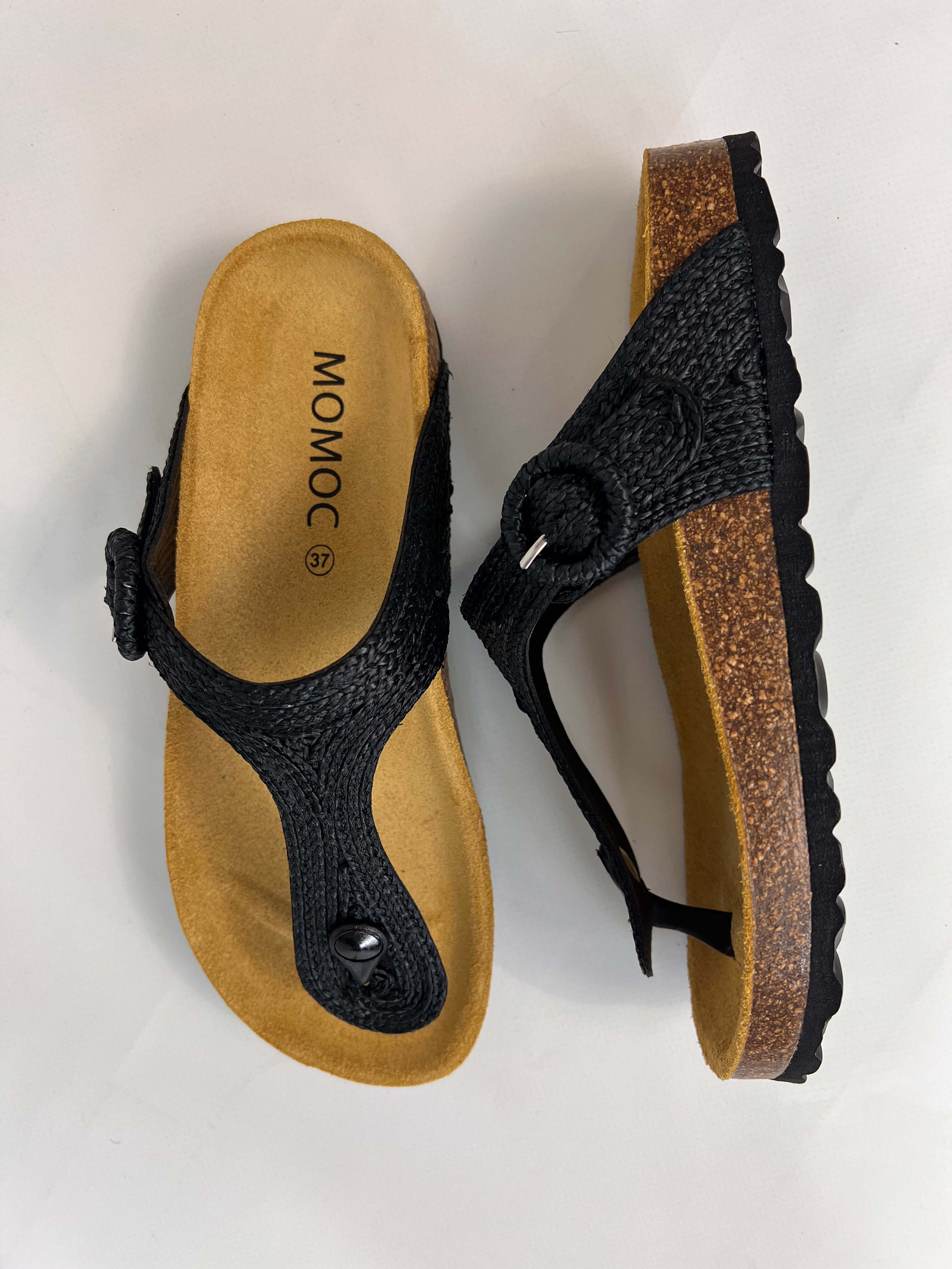 Momoc Altea black natural raffia sandal pair side view anatomic cork platform Spain | Momoc Shoes Spain
