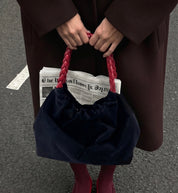 Momoc Pigalle black velvet bag burgundy braided handle front view handmade Elda Spain | Momoc Shoes Spain