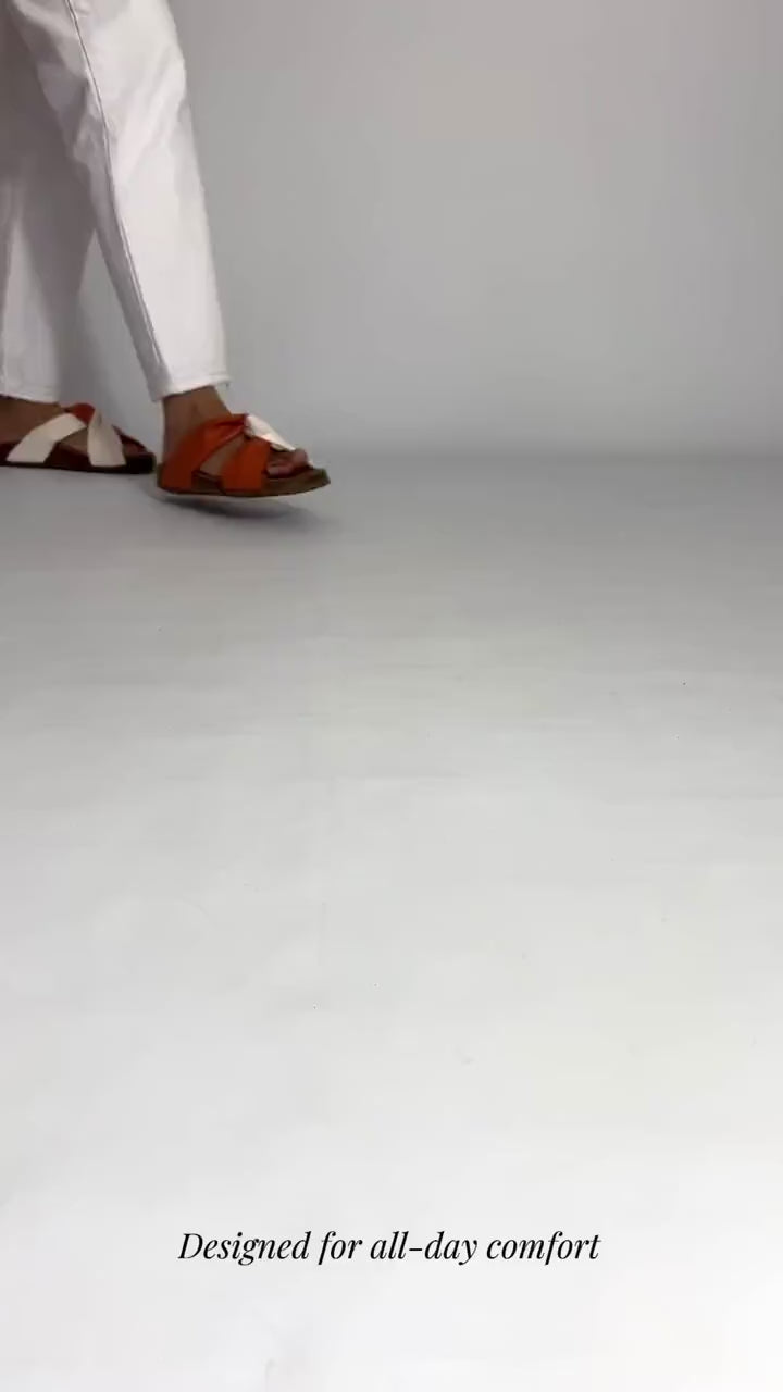 Momoc Calpe orange terracotta sandals walking video cork platform cross strap design handmade Spain | Momoc Shoes Spain