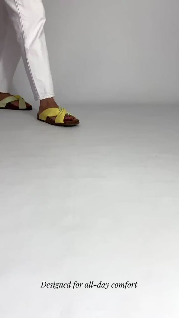 Momoc Calpe yellow pastel sandals walking video cork platform cross strap design handmade Spain | Momoc Shoes Spain