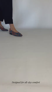 Momoc Midnight Funk blue orange geometric embroidered ballet flat walking video handmade Spain | Momoc Shoes Spain