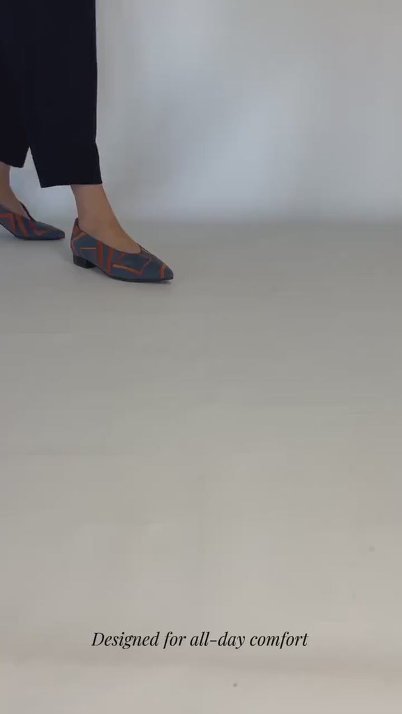 Momoc Midnight Funk blue orange geometric embroidered ballet flat walking video handmade Spain | Momoc Shoes Spain
