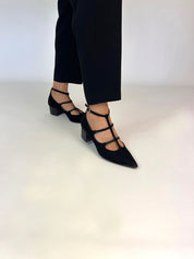 Wednesday Black Midi Heel side view worn | Momoc Shoes